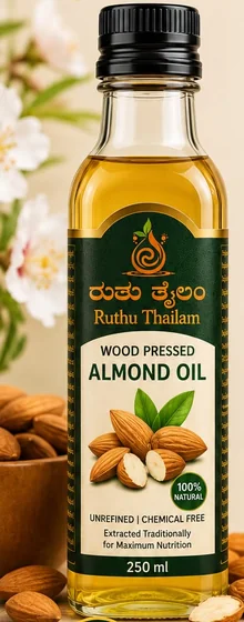 Ruthu Thailam wood pressed almond oil bottle, 250 ml