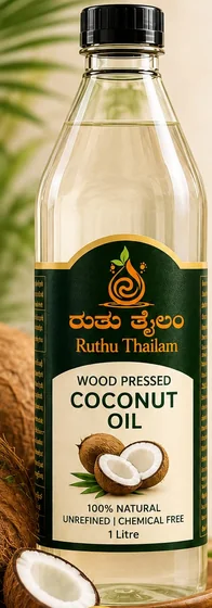 Ruthu Thailam wood pressed coconut oil bottle, 1 litre