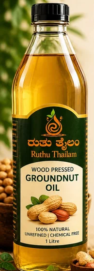 Ruthu Thailam wood pressed groundnut oil bottle, 1 litre