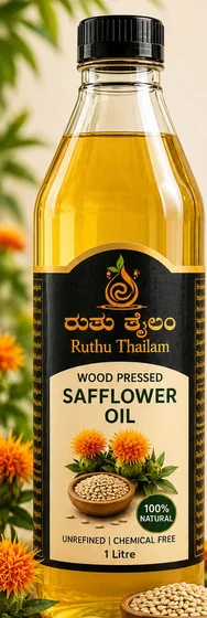 Ruthu Thailam wood pressed safflower oil bottle, 1 litre