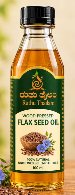 Flax seed oil bottle with flax seeds and blue flowers