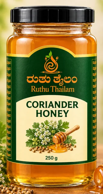 Jar of coriander honey with coriander flowers
