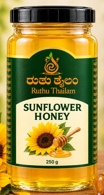 Jar of sunflower honey with a sunflower