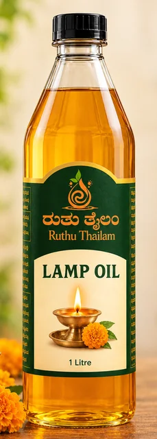 Lamp oil bottle with lit diyas and flowers