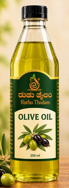 Olive oil bottle with olives and olive branch