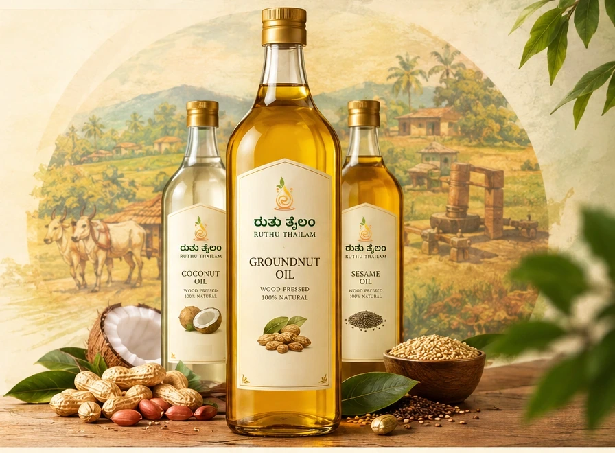 Ruthu Thailam groundnut, coconut and sesame wood-pressed oil bottles with a painted Karnataka village behind