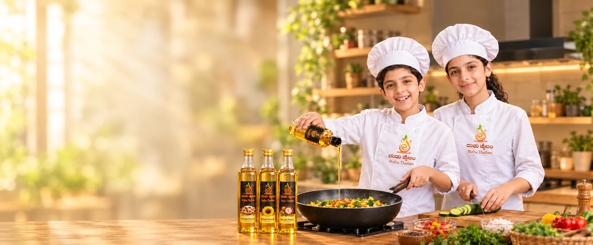 Two young chefs cooking with Ruthu Thailam oil in a bright kitchen, three oil bottles beside the pan