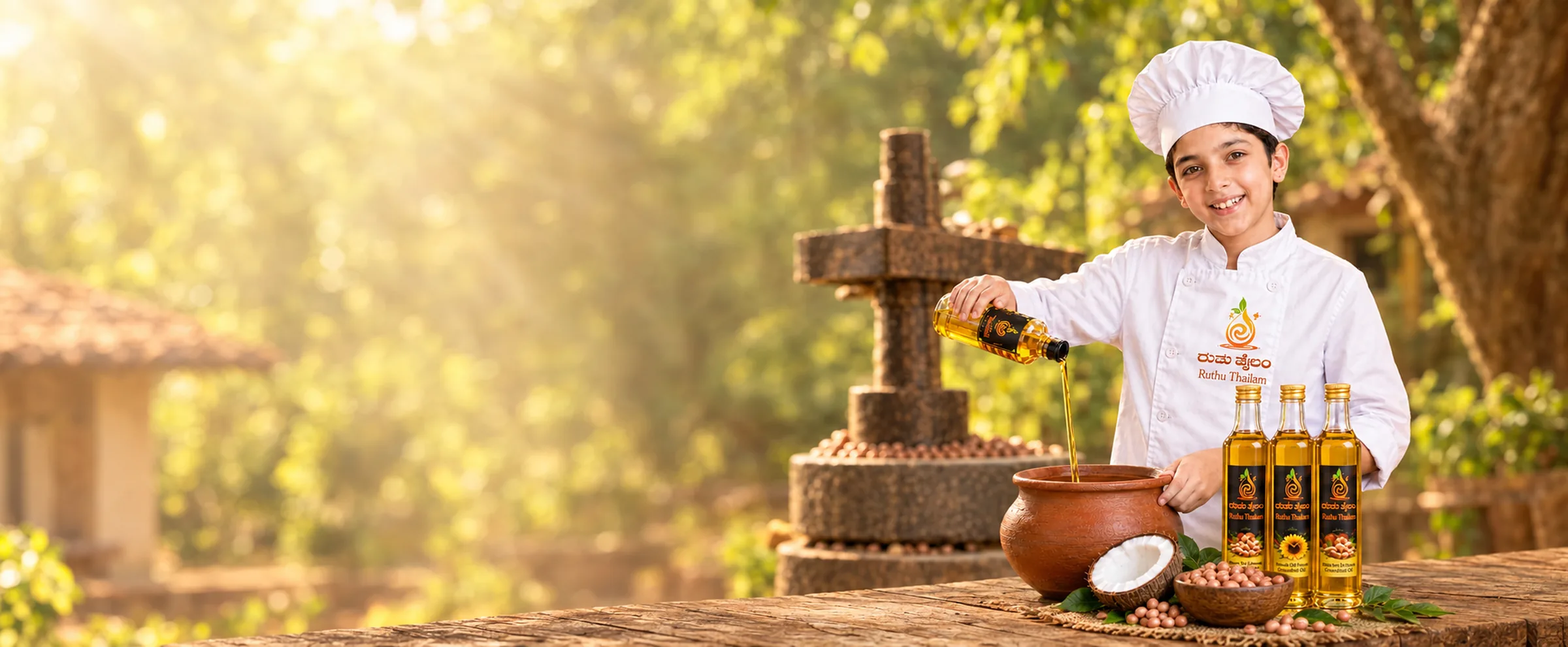 A young chef pouring Ruthu Thailam wood-pressed oil into a clay pot beside a traditional wooden oil press, with three oil bottles